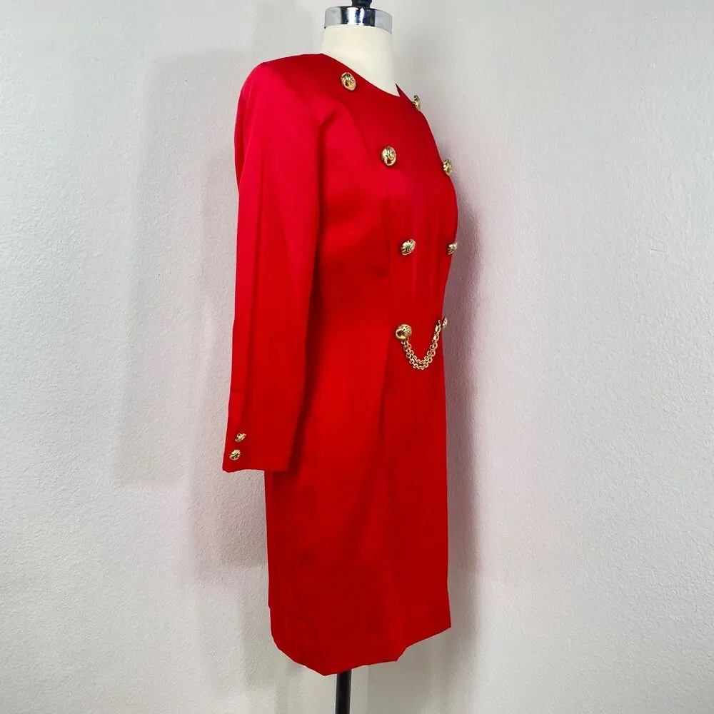 Vtg 80 Danny & Nicole Red Shift Dress 6 petite Gold Buttons Long Sleeves Modest